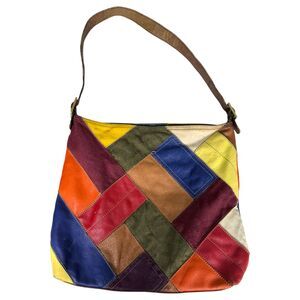 Vintage 90s Colorful Patchwork Suede Leather Hobo Hippie Shoulder Bag